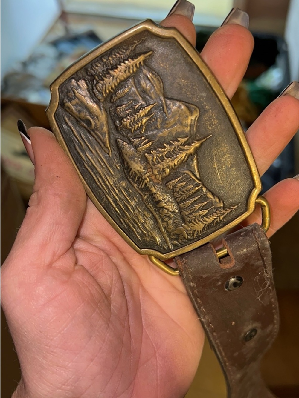 Men's Brown Leather Belt with Antique Brass Nature Buckle